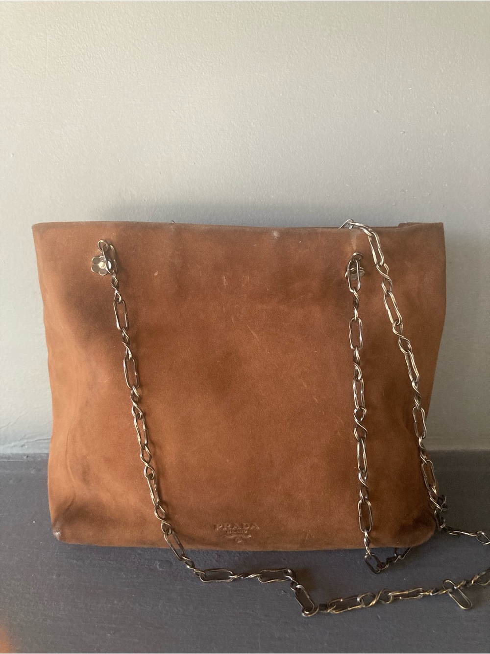 Prada rare vintage 90s authentic Brown Suede Shoulder Bag with Chain Strap